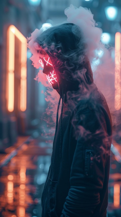 A boy wearing black hoodie with glowing neon smile face mask, surrounded by pink smoke and blue light in the dark background (419)