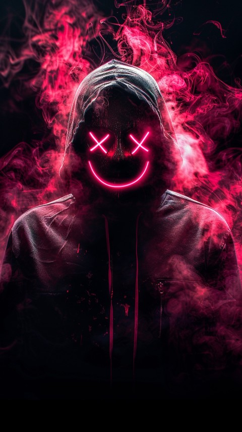 A boy wearing black hoodie with glowing neon smile face mask, surrounded by pink smoke and blue light in the dark background (404)