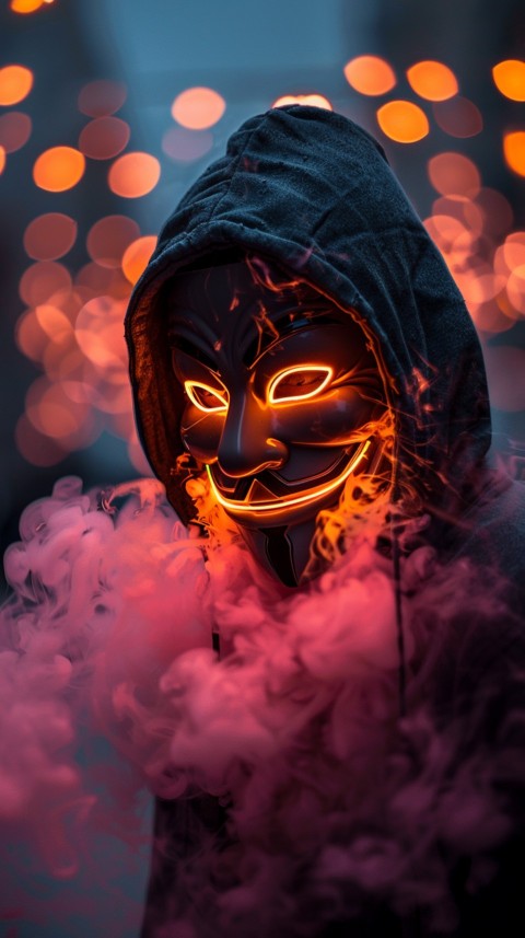 A boy wearing black hoodie with glowing neon smile face mask, surrounded by pink smoke and blue light in the dark background (411)