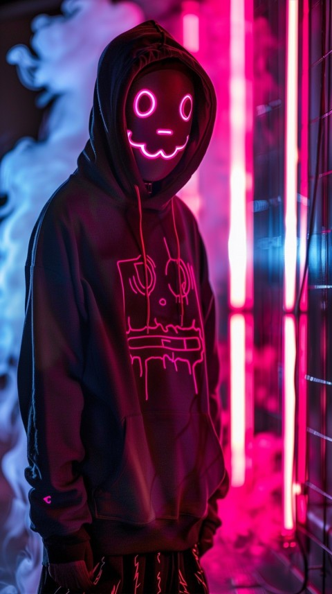A boy wearing black hoodie with glowing neon smile face mask, surrounded by pink smoke and blue light in the dark background (415)