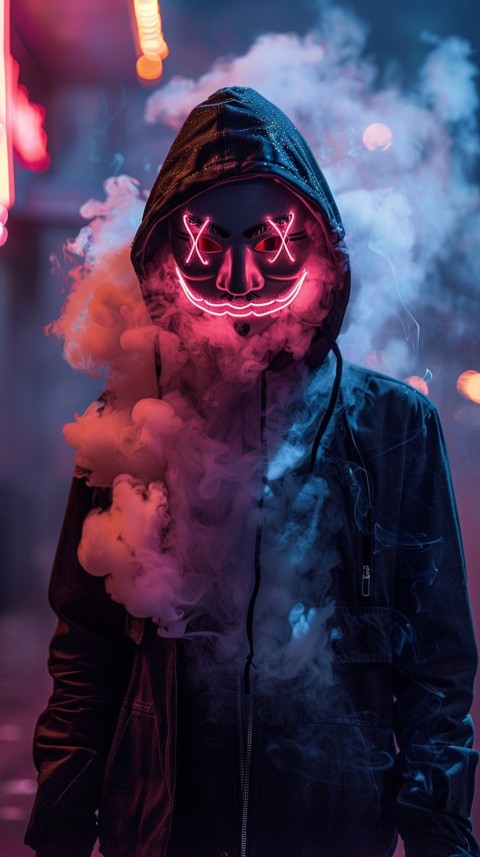 A boy wearing black hoodie with glowing neon smile face mask, surrounded by pink smoke and blue light in the dark background (434)