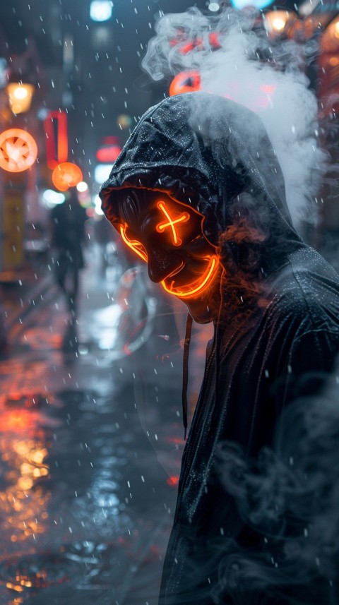 A boy wearing black hoodie with glowing neon smile face mask, surrounded by pink smoke and blue light in the dark background (446)