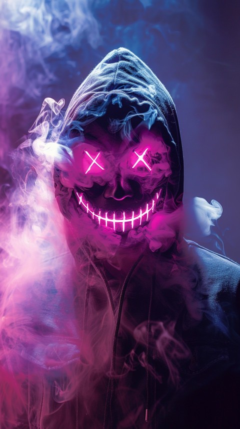 A boy wearing black hoodie with glowing neon smile face mask, surrounded by pink smoke and blue light in the dark background (436)