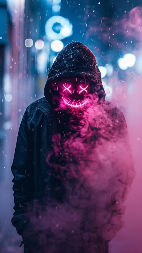 A boy wearing black hoodie with glowing neon smile face mask, surrounded by pink smoke and blue light in the dark background (442)