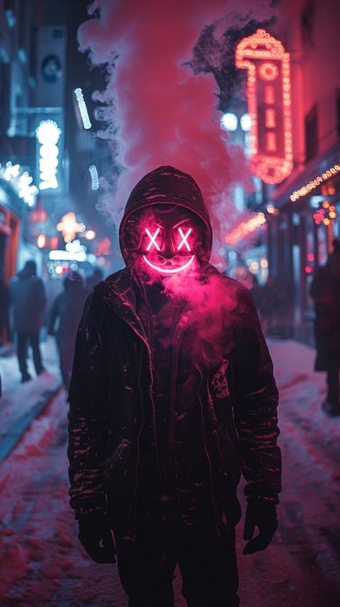 A boy wearing black hoodie with glowing neon smile face mask, surrounded by pink smoke and blue light in the dark background (413)