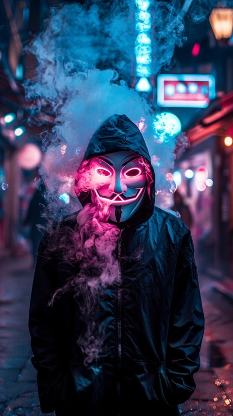 A boy wearing black hoodie with glowing neon smile face mask, surrounded by pink smoke and blue light in the dark background (410)