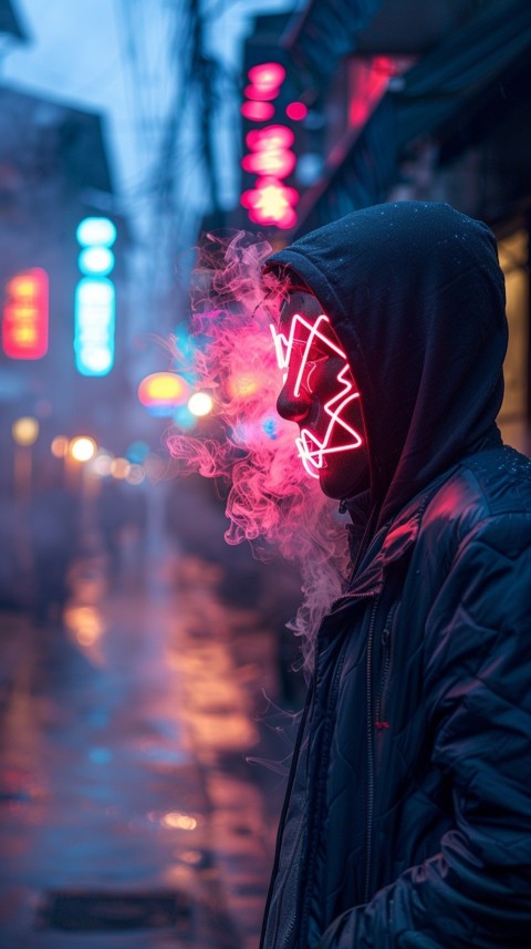 A boy wearing black hoodie with glowing neon smile face mask, surrounded by pink smoke and blue light in the dark background (412)