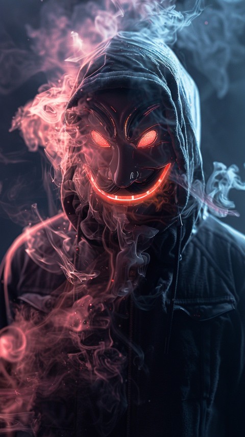 A boy wearing black hoodie with glowing neon smile face mask, surrounded by pink smoke and blue light in the dark background (414)