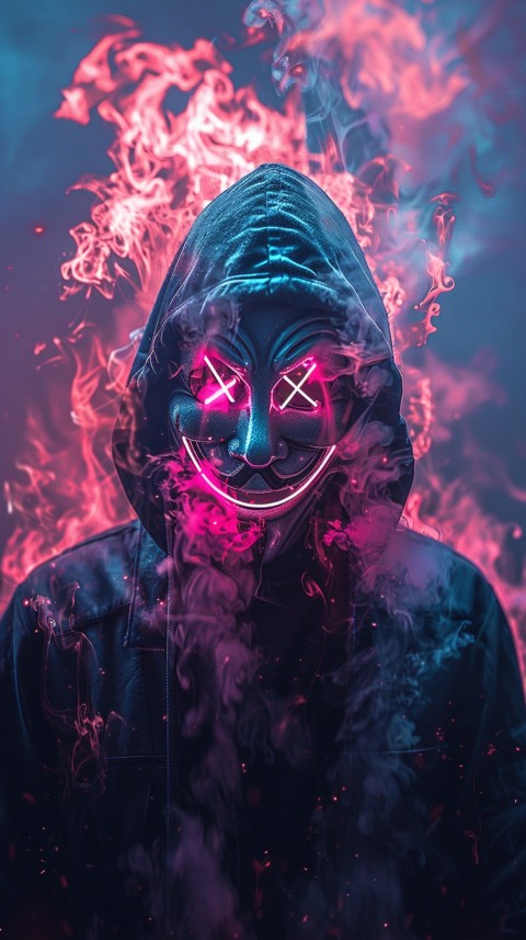A boy wearing black hoodie with glowing neon smile face mask, surrounded by pink smoke and blue light in the dark background (443)