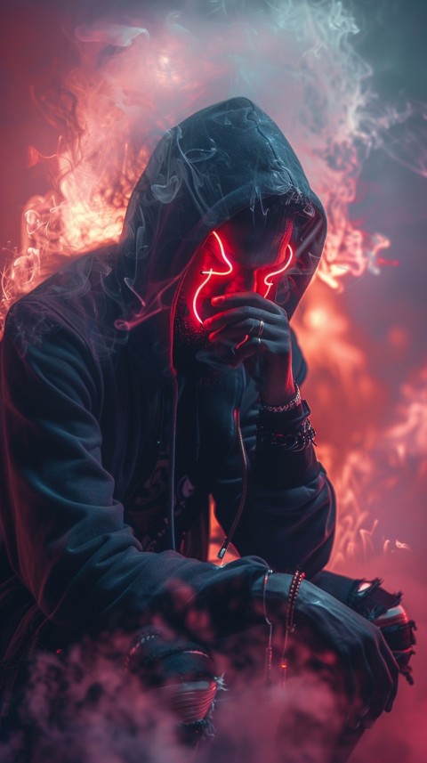 A boy wearing black hoodie with glowing neon smile face mask, surrounded by pink smoke and blue light in the dark background (428)