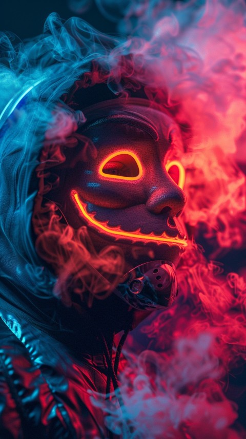 A boy wearing black hoodie with glowing neon smile face mask, surrounded by pink smoke and blue light in the dark background (423)