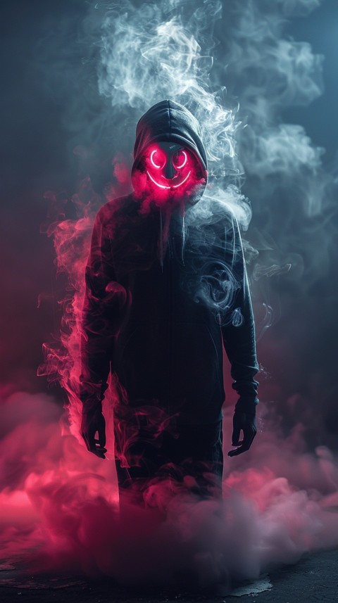 A boy wearing black hoodie with glowing neon smile face mask, surrounded by pink smoke and blue light in the dark background (444)