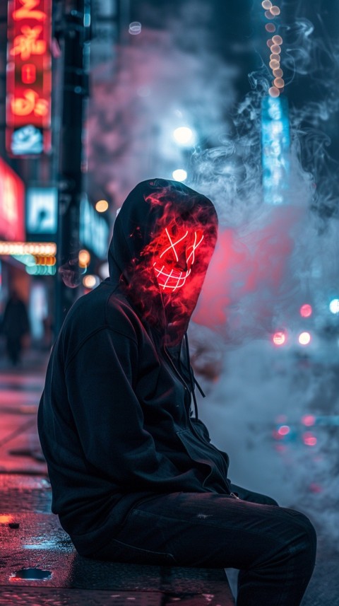 A boy wearing black hoodie with glowing neon smile face mask, surrounded by pink smoke and blue light in the dark background (445)