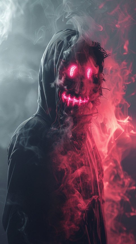 A boy wearing black hoodie with glowing neon smile face mask, surrounded by pink smoke and blue light in the dark background (409)