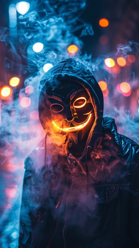 A boy wearing black hoodie with glowing neon smile face mask, surrounded by pink smoke and blue light in the dark background (407)