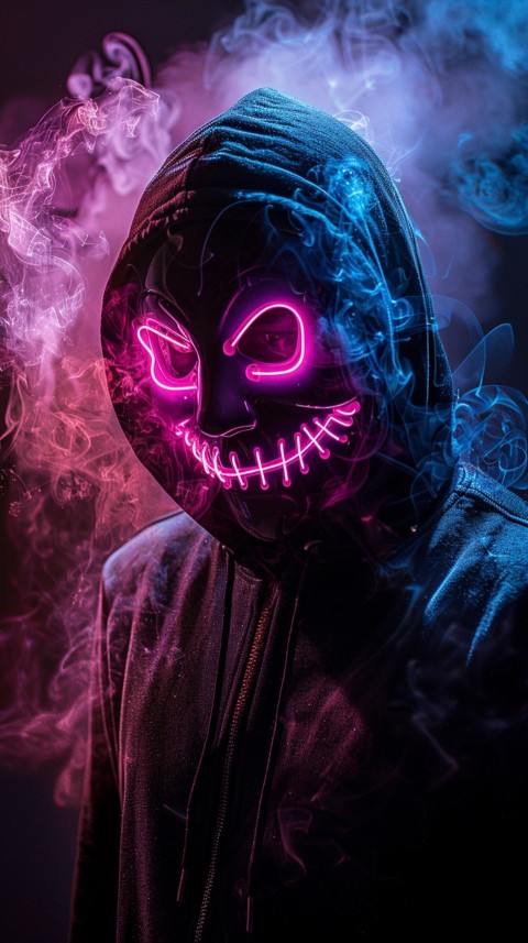 A boy wearing black hoodie with glowing neon smile face mask, surrounded by pink smoke and blue light in the dark background (402)