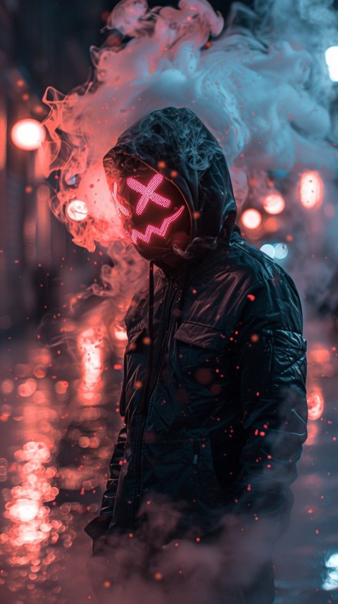 A boy wearing black hoodie with glowing neon smile face mask, surrounded by pink smoke and blue light in the dark background (426)