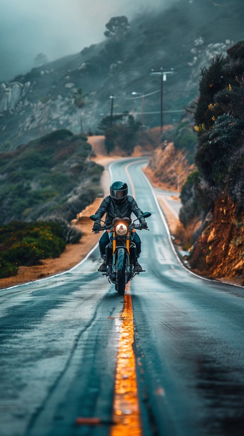 Man on Motorcycle Riding Down a Road Beach Side Biker Aesthetic Wallpaper (1)