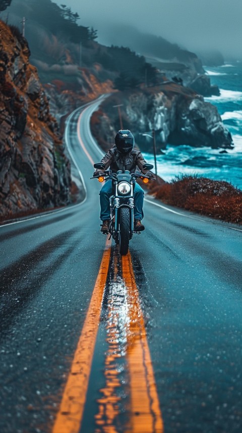 Man on Motorcycle Riding Down a Road Beach Side Biker Aesthetic Wallpaper (3)