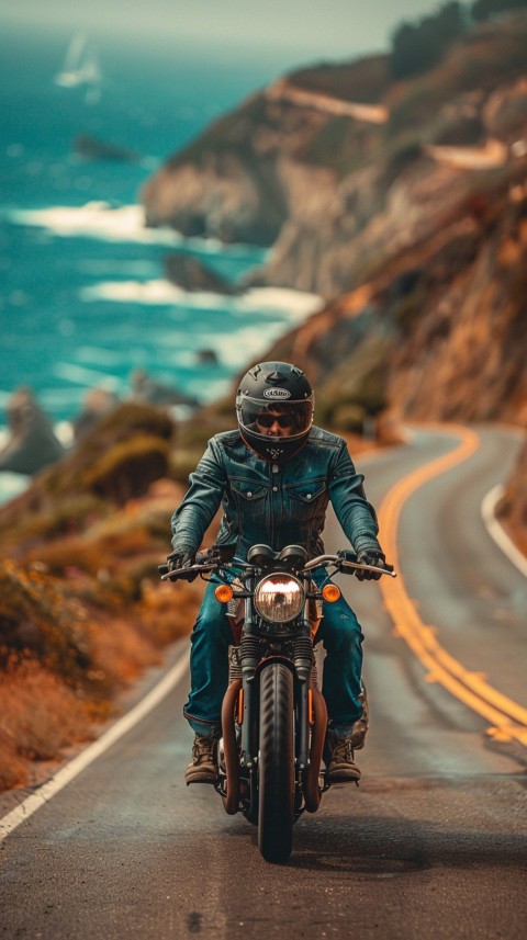 Man on Motorcycle Riding Down a Road Beach Side Biker Aesthetic Wallpaper (50)