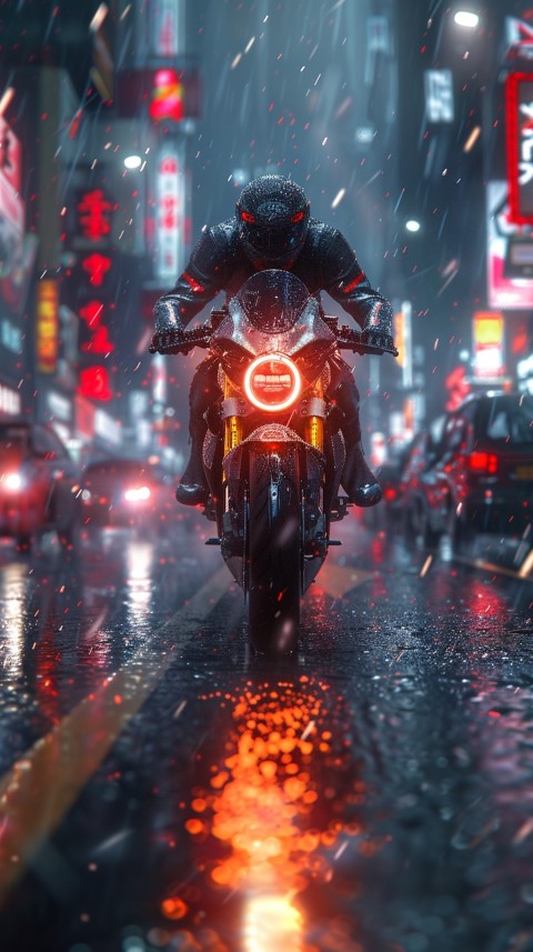 Man on Motorcycle Riding Down a Road Cyberpunk Biker Aesthetic Wallpaper (43)