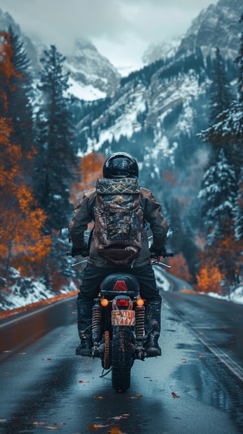 Man on Motorcycle Riding Down a Road Mountain Background Biker Aesthetic Wallpaper (1)