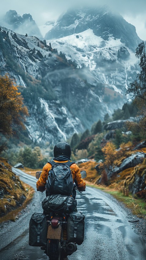 Man on Motorcycle Riding Down a Road Mountain Background Biker Aesthetic Wallpaper (66)