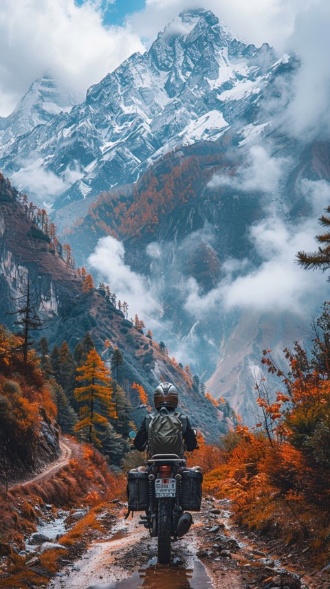 Man on Motorcycle Riding Down a Road Mountain Background Biker Aesthetic Wallpaper (32)