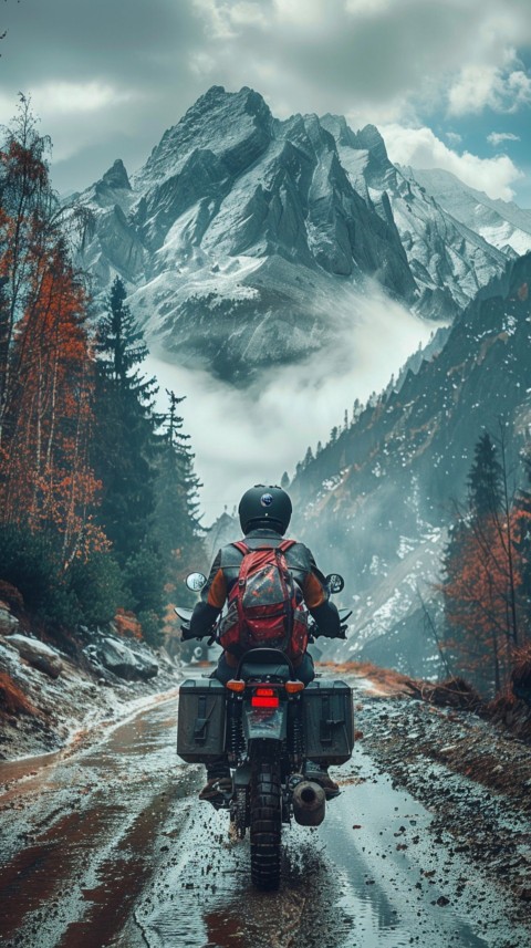 Man on Motorcycle Riding Down a Road Mountain Background Biker Aesthetic Wallpaper (111)