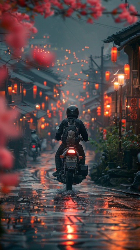 Man on Motorcycle Riding Down a Road Village Location Biker Aesthetic Wallpaper (1)