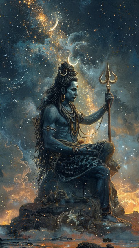 Majestic Lord Shiva holding a trident with a crescent moon on his forehead under a starry sky Aesthetic (5)