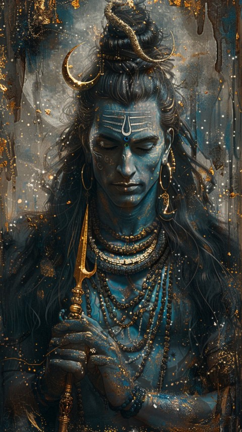 Majestic Lord Shiva holding a trident with a crescent moon on his forehead under a starry sky Aesthetic (7)