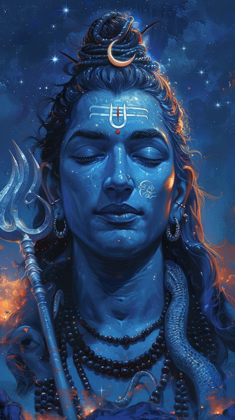 Majestic Lord Shiva holding a trident with a crescent moon on his forehead under a starry sky Aesthetic (19)