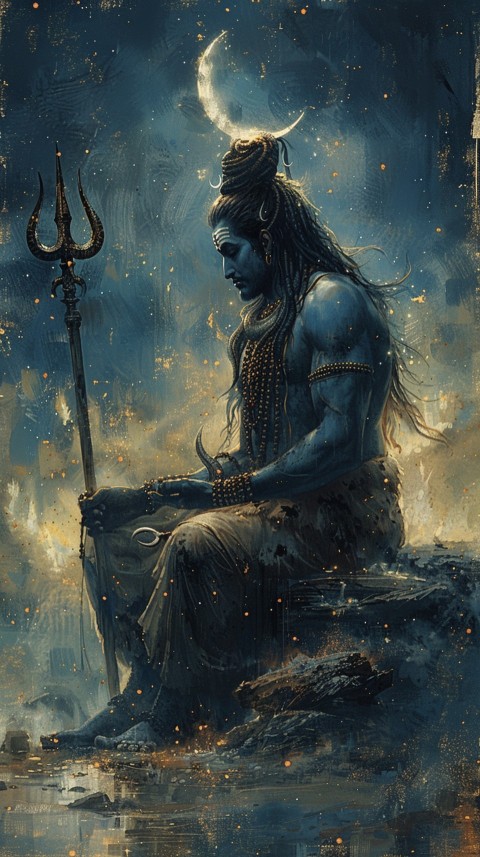 Majestic Lord Shiva holding a trident with a crescent moon on his forehead under a starry sky Aesthetic (1)