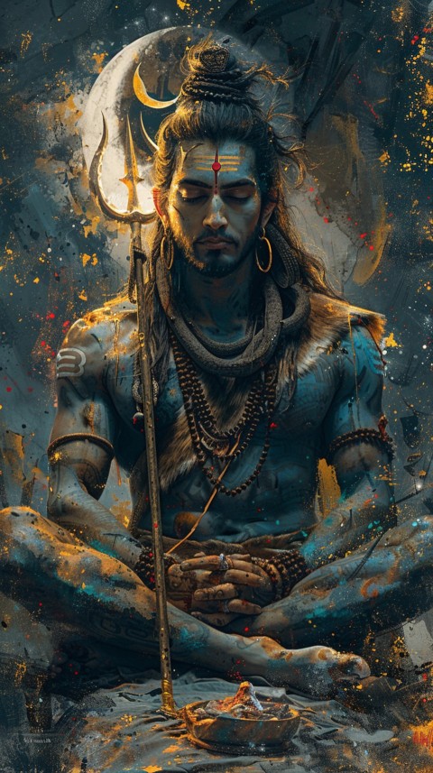 Majestic Lord Shiva holding a trident with a crescent moon on his forehead under a starry sky Aesthetic (10)