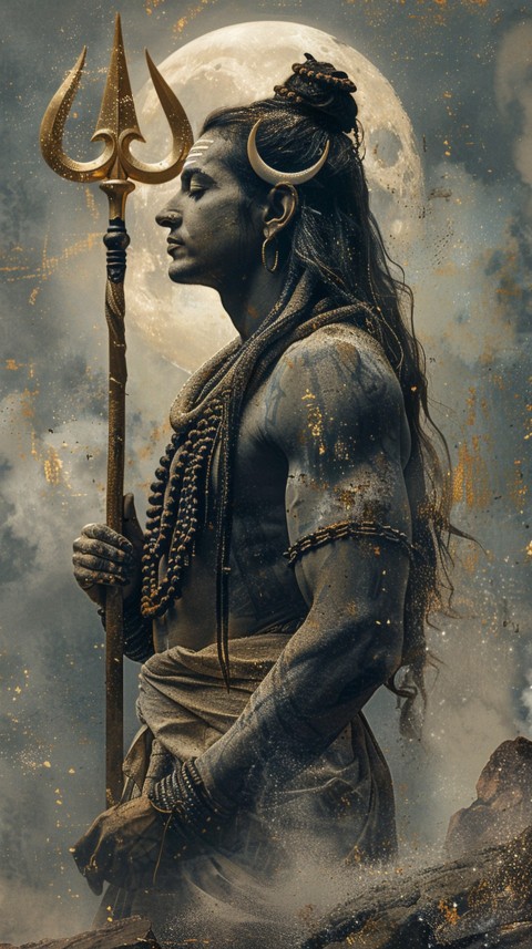 Majestic Lord Shiva holding a trident with a crescent moon on his forehead under a starry sky Aesthetic (8)