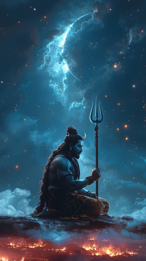 Majestic Lord Shiva holding a trident with a crescent moon on his forehead under a starry sky Aesthetic (35)