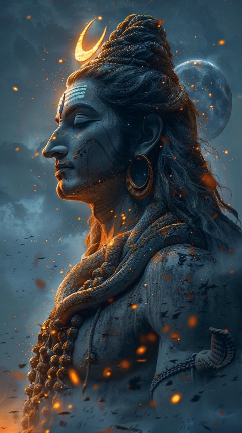 Majestic Lord Shiva holding a trident with a crescent moon on his forehead under a starry sky Aesthetic (36)