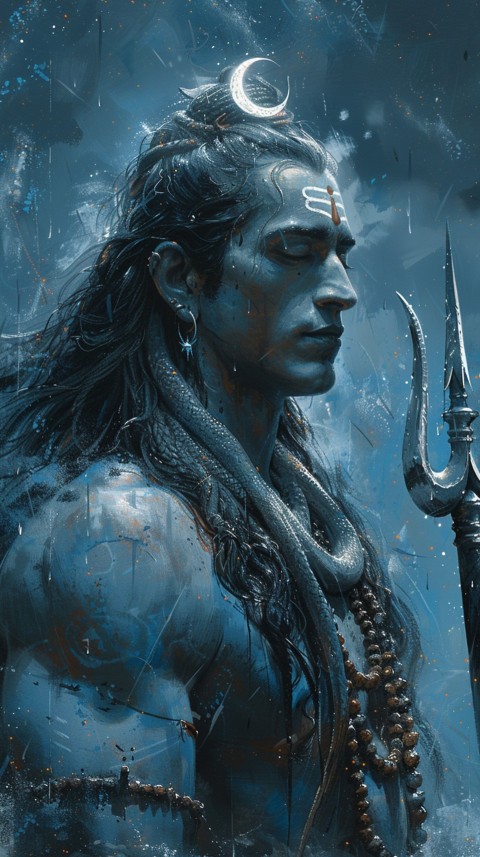 Majestic Lord Shiva holding a trident with a crescent moon on his forehead under a starry sky Aesthetic (34)