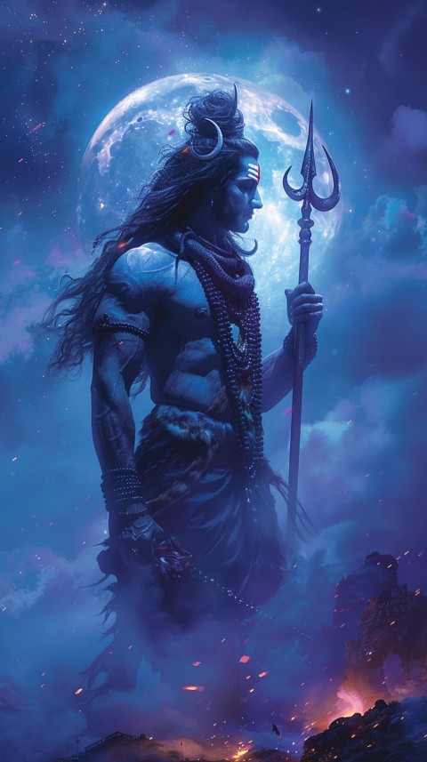 Majestic Lord Shiva holding a trident with a crescent moon on his forehead under a starry sky Aesthetic (40)