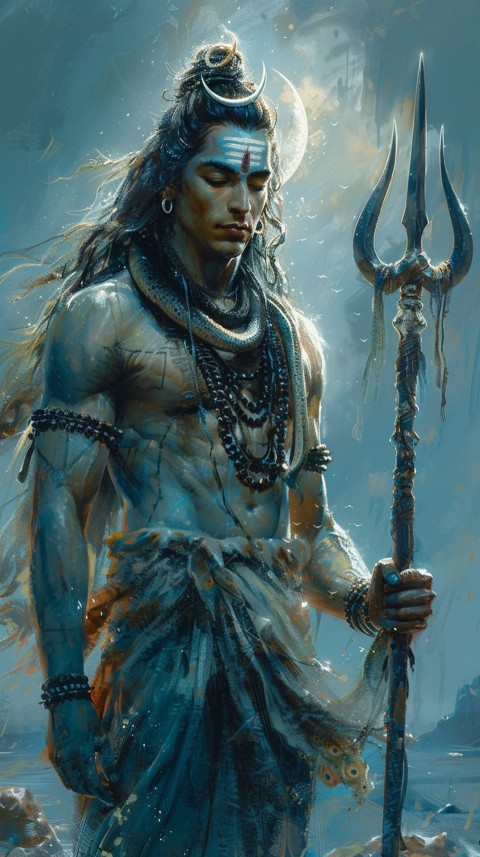 Majestic Lord Shiva holding a trident with a crescent moon on his forehead under a starry sky Aesthetic (39)