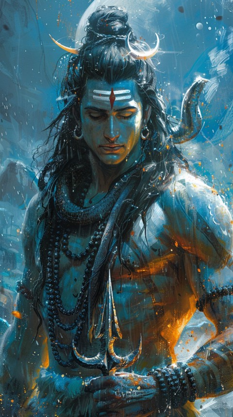 Majestic Lord Shiva holding a trident with a crescent moon on his forehead under a starry sky Aesthetic (27)