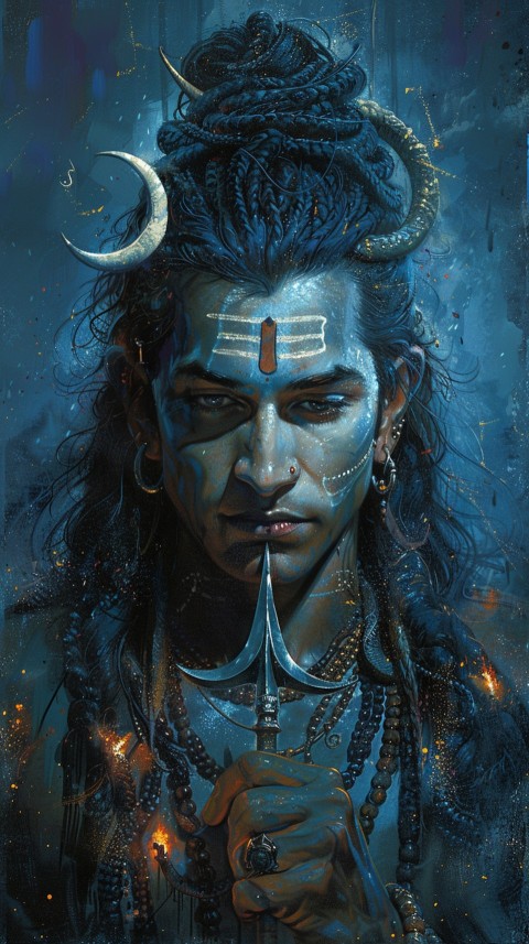 Majestic Lord Shiva holding a trident with a crescent moon on his forehead under a starry sky Aesthetic (26)