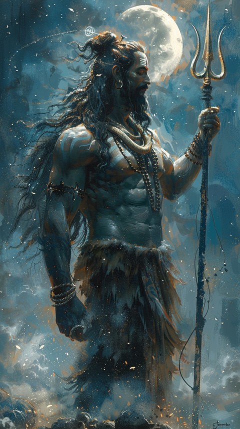 Majestic Lord Shiva holding a trident with a crescent moon on his forehead under a starry sky Aesthetic (37)