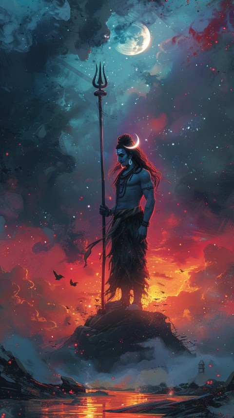 Majestic Lord Shiva holding a trident with a crescent moon on his forehead under a starry sky Aesthetic (22)