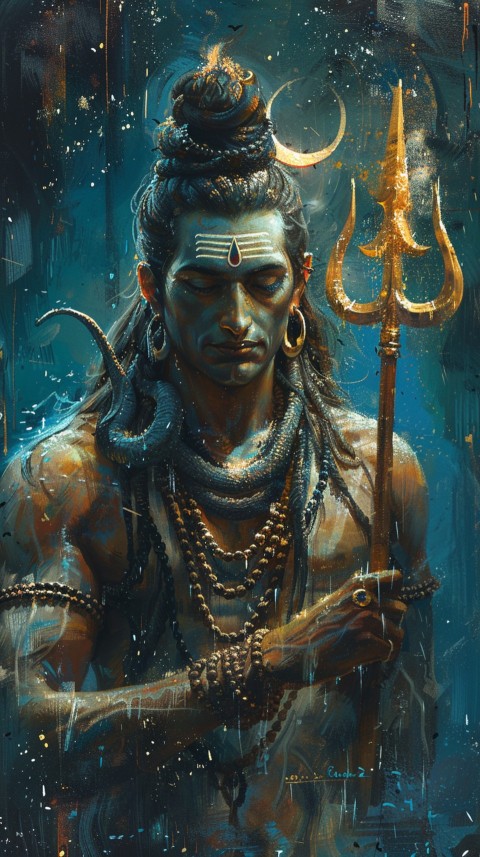 Majestic Lord Shiva holding a trident with a crescent moon on his forehead under a starry sky Aesthetic (30)