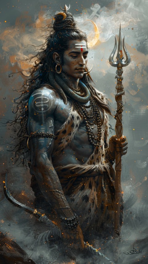 Majestic Lord Shiva holding a trident with a crescent moon on his forehead under a starry sky Aesthetic (46)