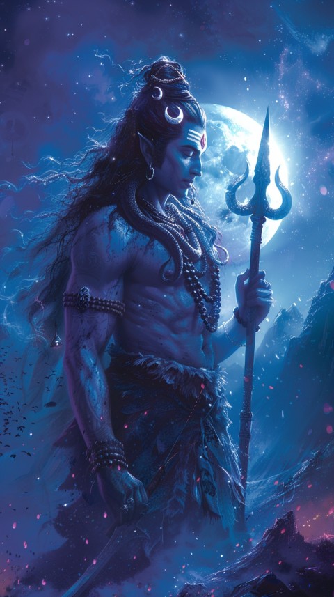 Majestic Lord Shiva holding a trident with a crescent moon on his forehead under a starry sky Aesthetic (49)