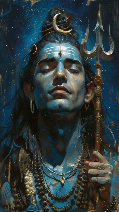 Majestic Lord Shiva holding a trident with a crescent moon on his forehead under a starry sky Aesthetic (41)