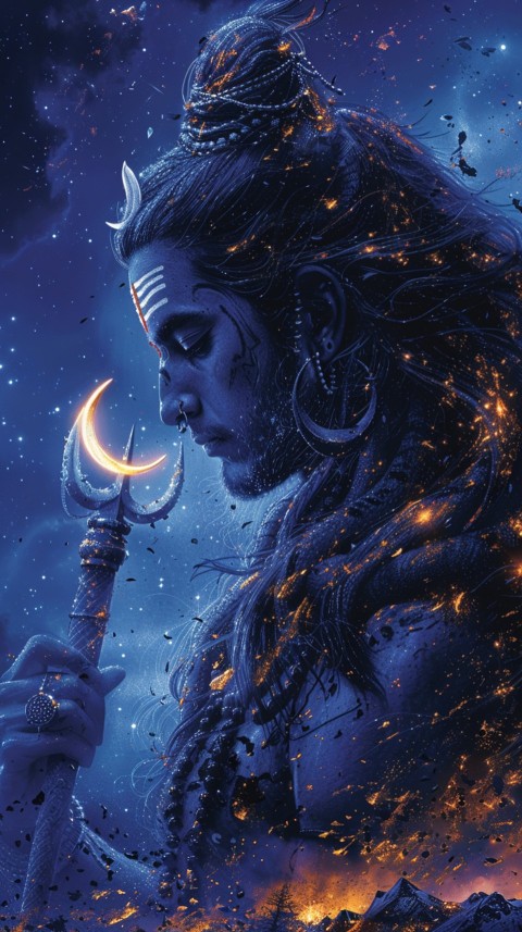 Majestic Lord Shiva holding a trident with a crescent moon on his forehead under a starry sky Aesthetic (59)